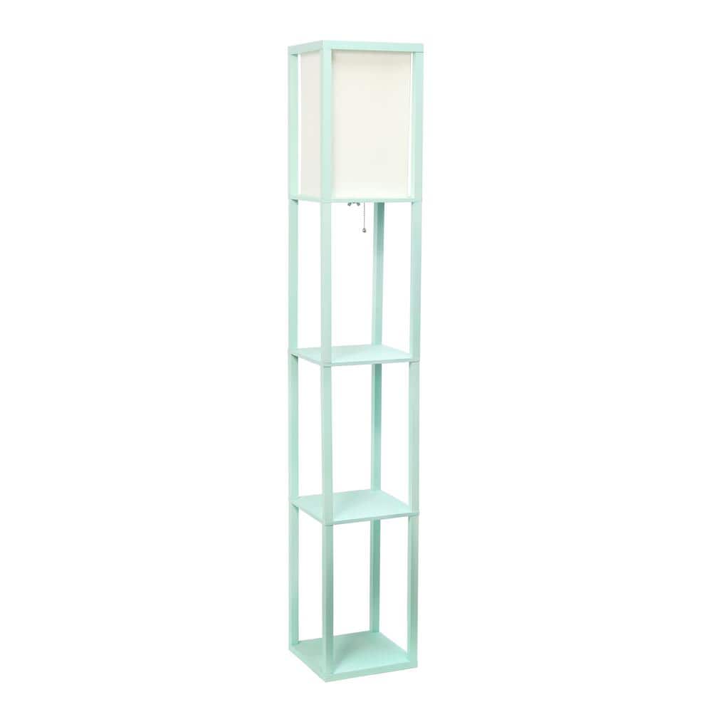 Aqua Transitional Floor Lamp with Linen Shade and Storage Shelf