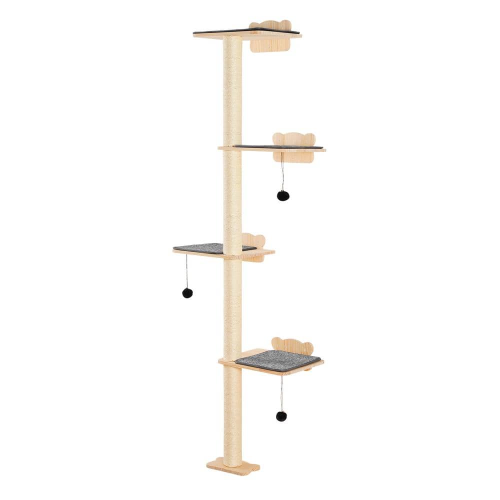 Natural Pine Wood 4-Tier Wall-Mounted Cat Tree with Plush Pads