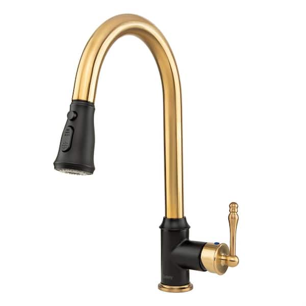 AKDY Easy-Install Single-Handle Pull-Down Sprayer Kitchen Faucet with Flexible Hose in Brushed Gold/Matte Black