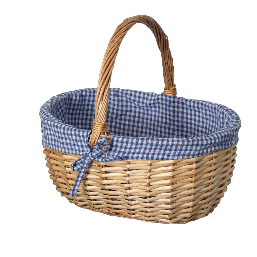 Large Natural Wicker Picnic Basket with Blue Plaid Liner