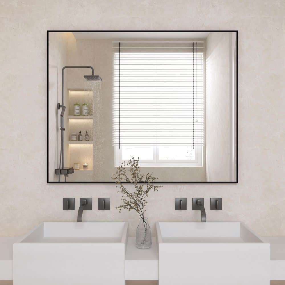 32 in. W x 40 in. H Rectangular Right Angle Aluminum Alloy Framed Wall Mounted Bathroom Vanity Mirror in Black price history on PriceWatchPro