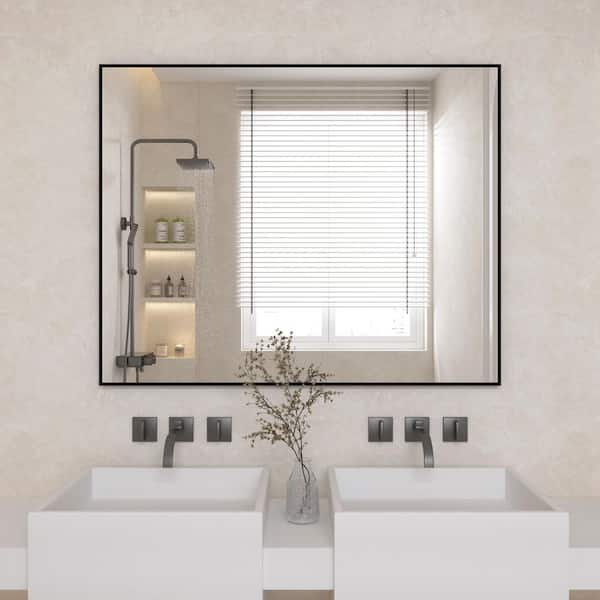 32 in. W x 40 in. H Rectangular Right Angle Aluminum Alloy Framed Wall Mounted Bathroom Vanity Mirror in Black