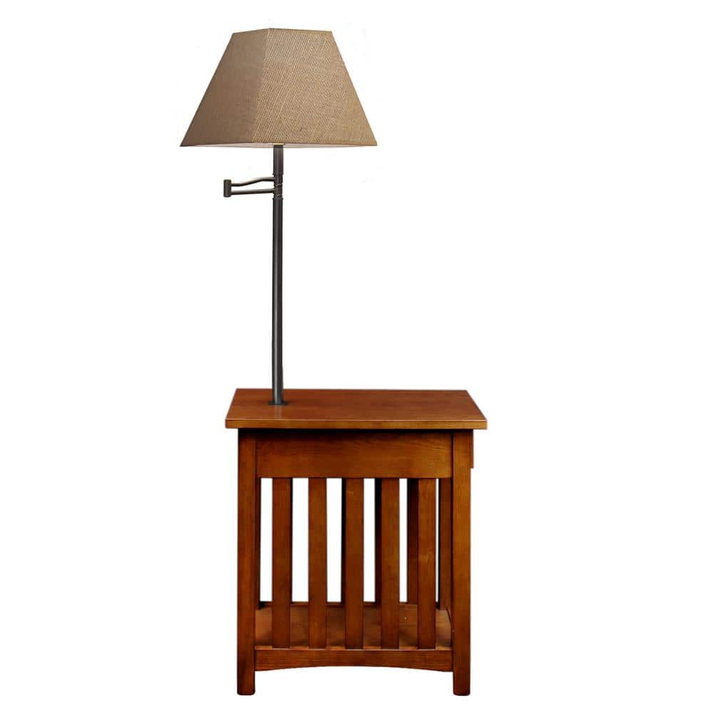 Mission Style 22.5'' Medium Oak Wood & Metal Chairside Table with Storage