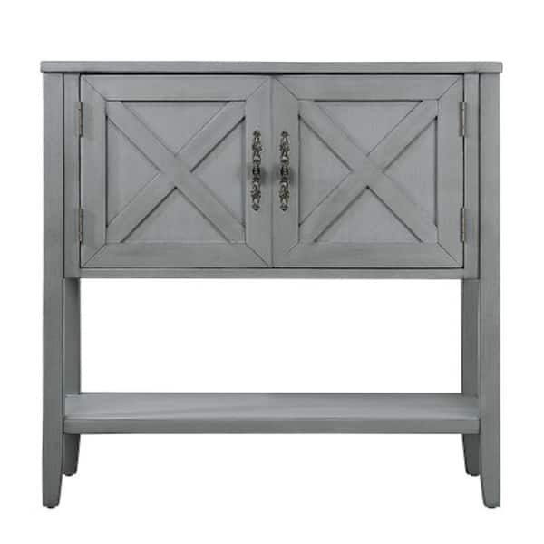WarmieHomy 35 in. Farmhouse Wood Buffet Sideboard Console Table Bottom Shelf and 2-Door Cabinet in Gray