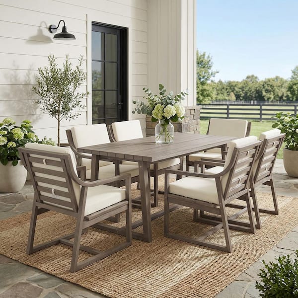 Corvon Patio 7 Piece Black Walnut Finish Wood Rectangle Outdoor Dining Set with Beige White Cushions, Slat Design