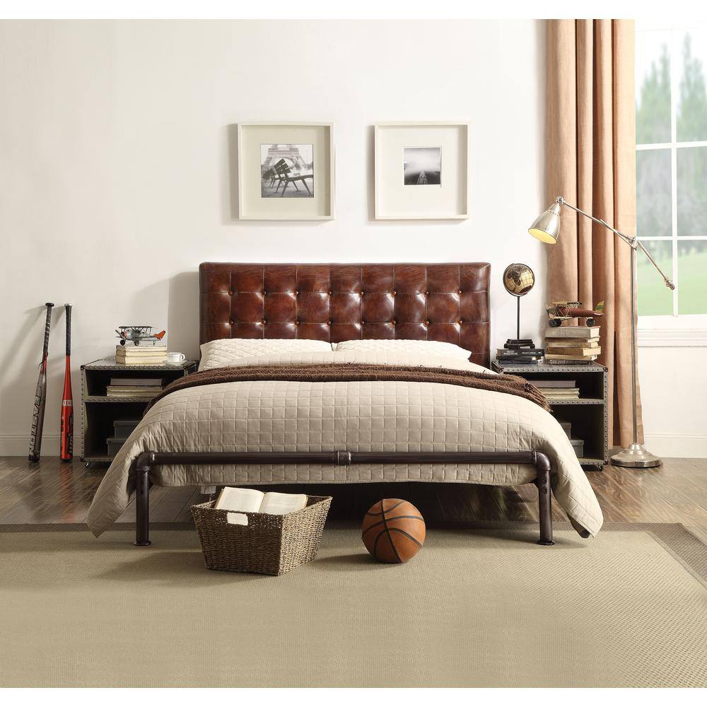 Vintage Brown Top Grain Leather Queen Bed with Tufted Headboard