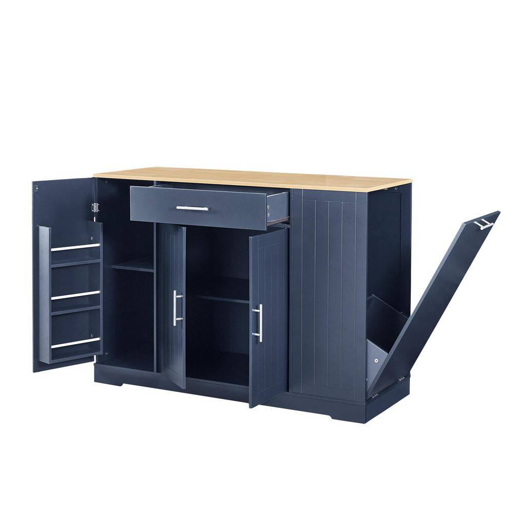 Navy Blue Particle Board Wood 53 in. Kitchen Island with Trash Can Storage, 2 Drawers and Spice Rack, Cart for Kitchen