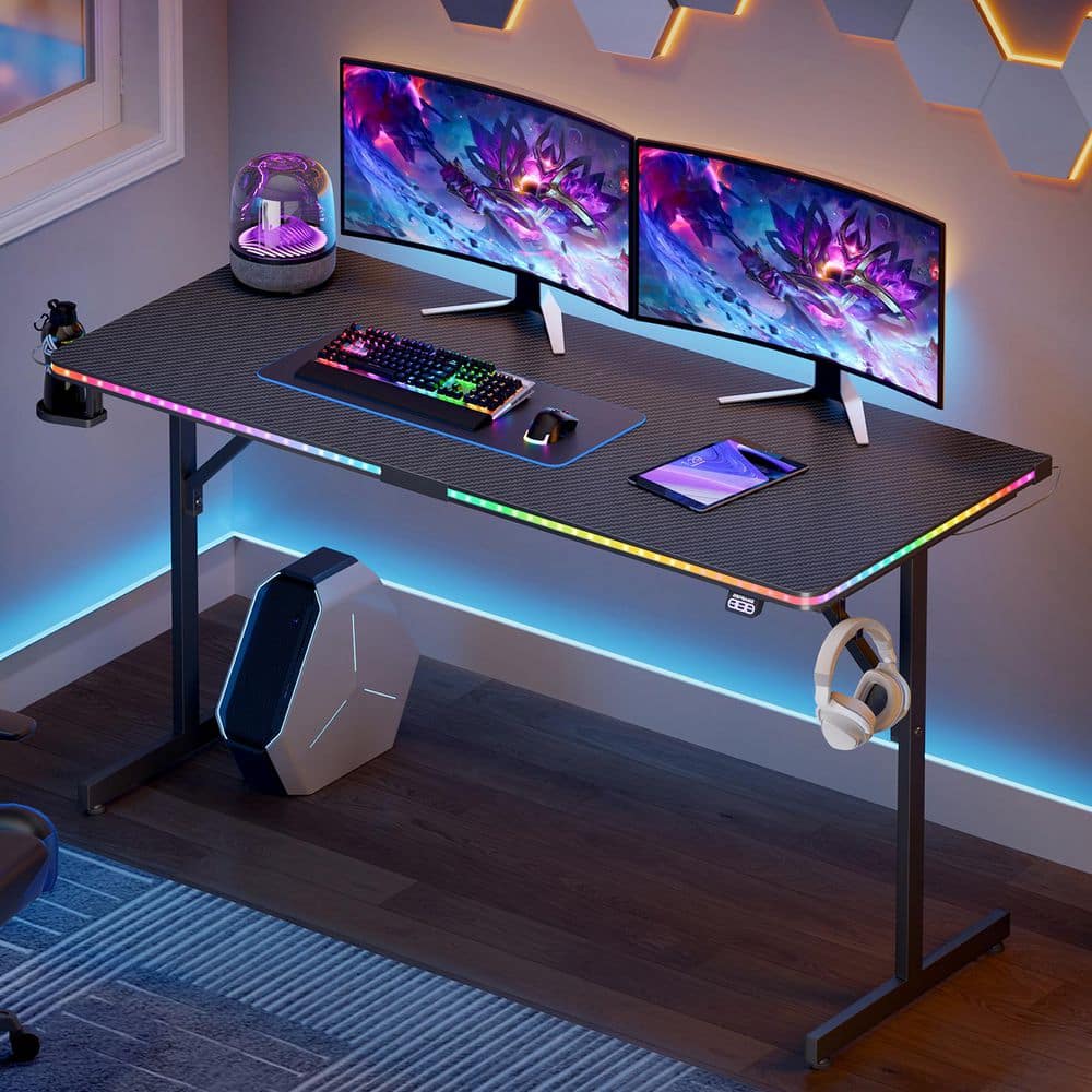55 in. Rectangular Black Carbon Fiber Gaming Desk with Sound-Activated RGB Lights and Cup Holder