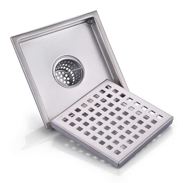 WOWOW Square Shower Drain 6 inch Brushed Nickel Floor Drain with Tile Insert Grate 304 Stainless Steel with Hair Strainer