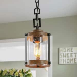 Modern Farmhouse Brown Chandelier 1-Light 6 in. Black Drum Mini Island Pendant Light with Seeded Glass Shades