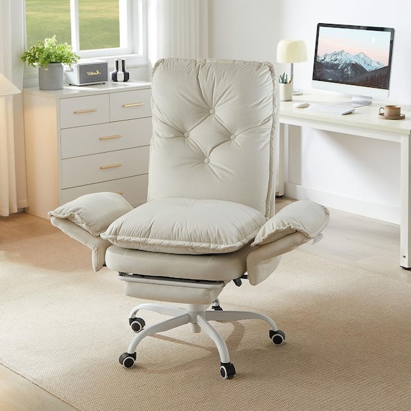 Velvet High-Back Cross-Legged Office Chair in Beige with Flip-Up Arms, Vanity Chair With Footrest