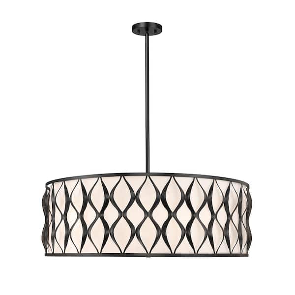 Unbranded Harden 60-Watt 10-Light Matte Black Shaded Pendant-Light with White Fabric Shade, No Bulbs Included