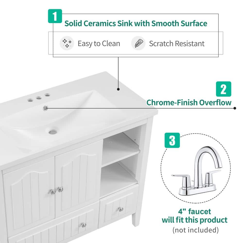 36" White Ceramic Rectangular Undermount Vanity Sink Top