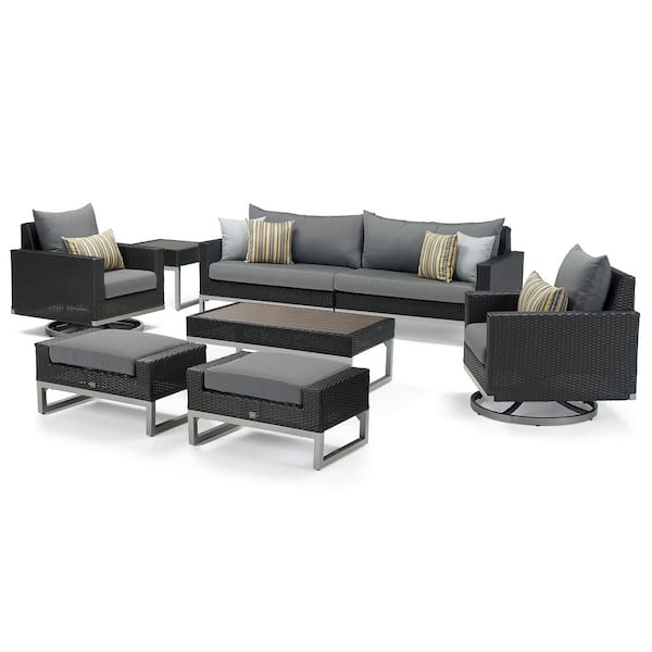 RST BRANDS Milo Espresso 8-Piece Motion Wicker Patio Seating Set with Charcoal Gray Cushions