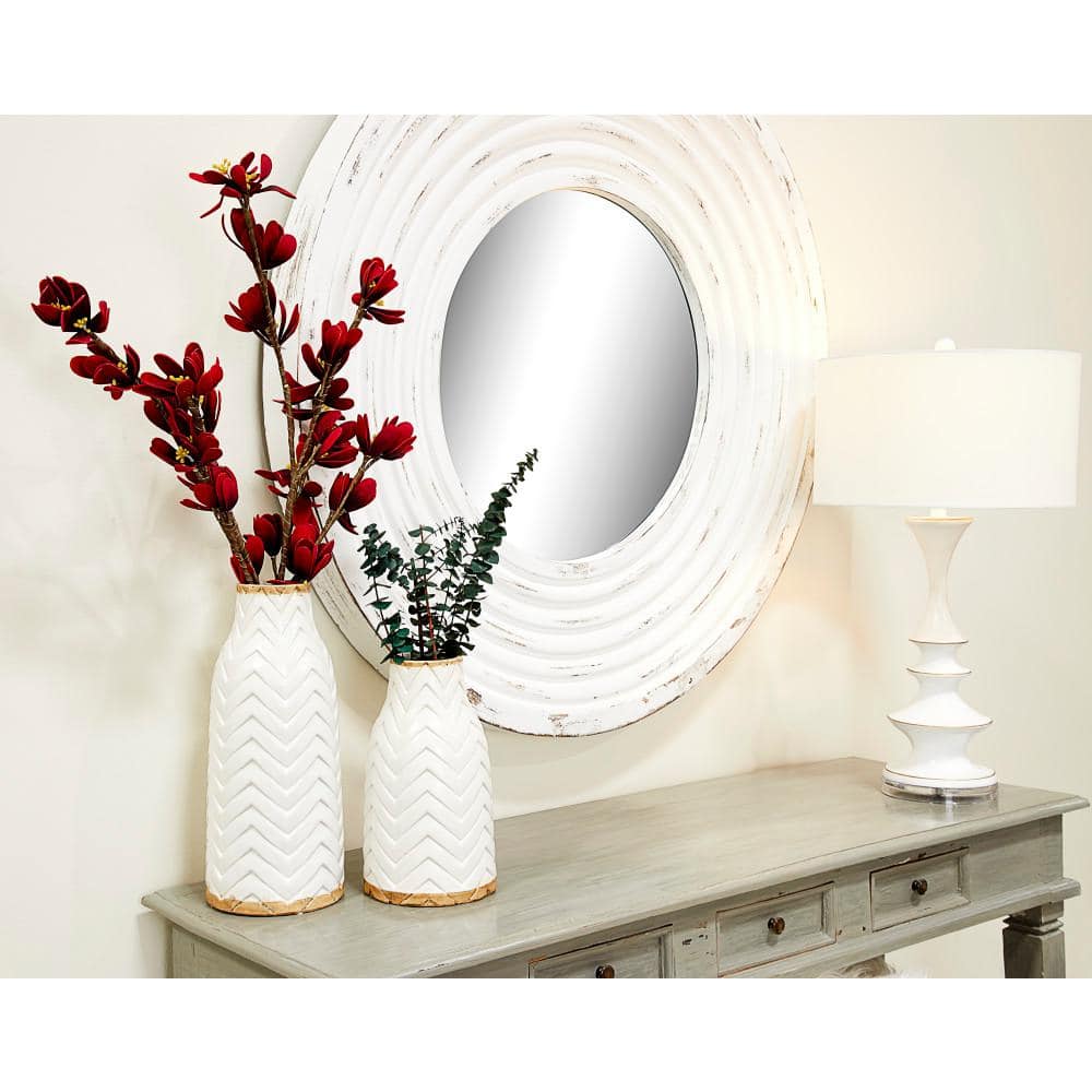White Chevron Pattern Ceramic Vase with Brown Base, 12"