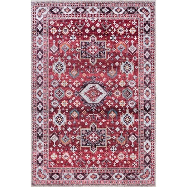 Kaski Geometric Machine Washable Area Rug Burgundy 5 ft. x 8 ft. Area Rug
