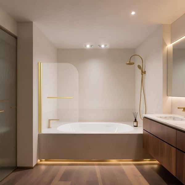 31" W x 55" H Shower Tub Door Frameless Pivot Tub Door in Brushed Gold with 1/4" Tempered Clear Glass 180 Pivot Degree