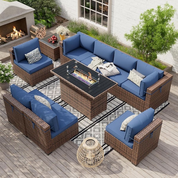 Poteban 10-Piece Brown Wicker Outdoor Sectional Set with Fire Pit Table, Coffee Table and Navy Cushions