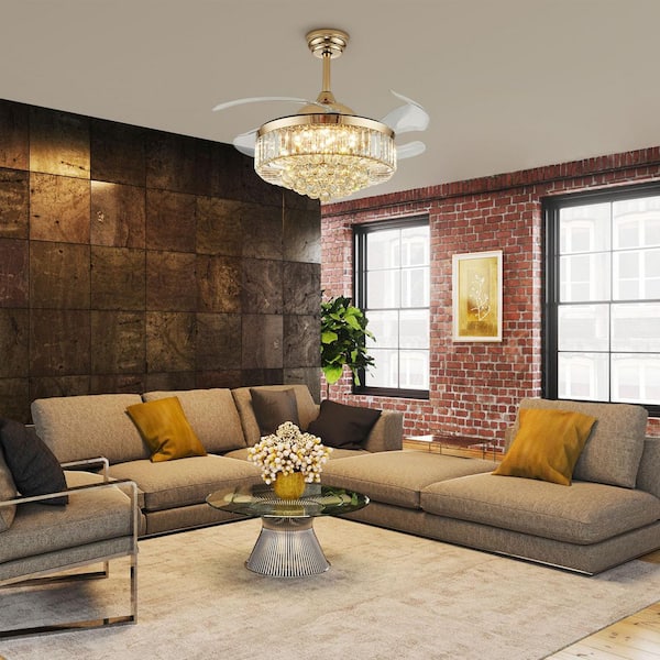 WDETR 36 in. LED Indoor Gold Crystal Chandelier with Fan , Retractable Ceiling Fan with Light and Remote for Living Room
