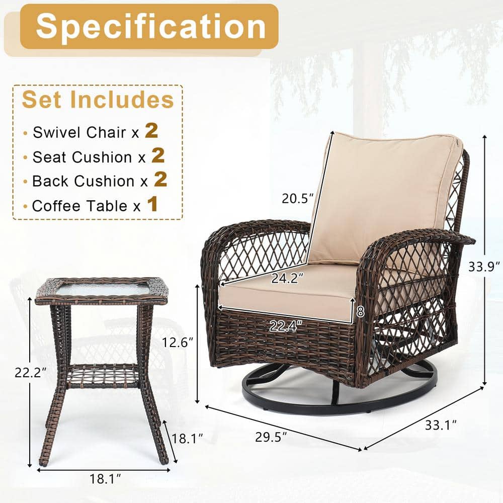 Brown Gradient Wicker Patio Bistro Set with Cushions and Glass Table