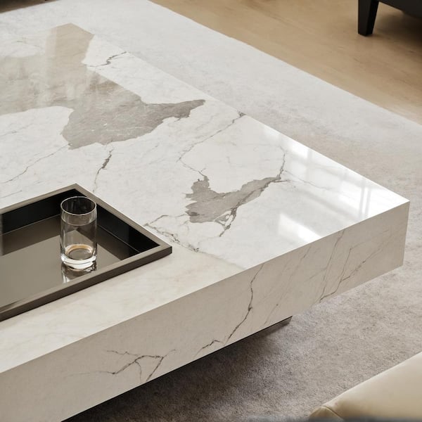 JASIWAY White 39.37 in. Square Rock Plate Stone Top Coffee Table J