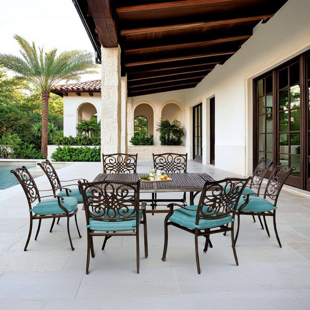 Hanover Traditions 9-Piece Blue Cushion Aluminum Outdoor Dining Set