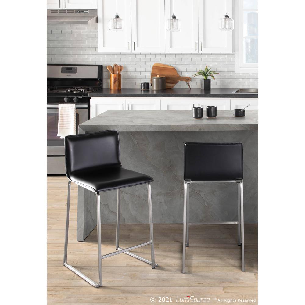 Mara 26" Black Faux Leather and Stainless Steel Counter Stools - Set of 2