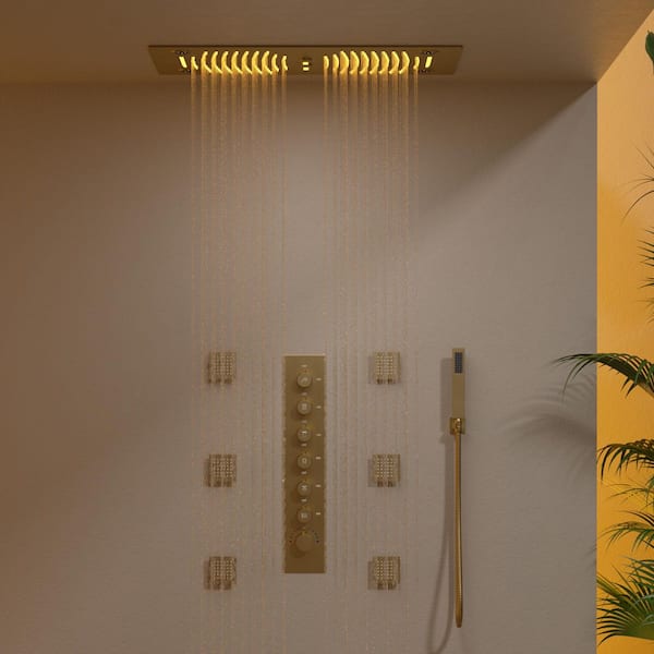 GRANDJOY 28 in. Rectangle Aurora Shower System 6-Spray Dual Ceiling Mount Fixed and Handheld Shower Head 2.5 GPM in Brushed Gold