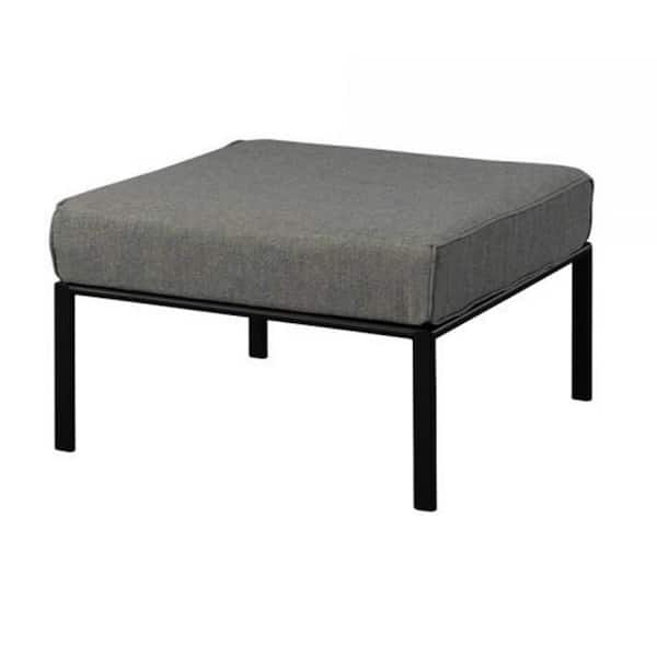 Benjara Rain Black Metal Outdoor Patio Ottoman with Gray Cushion Waterproof Polypropylene