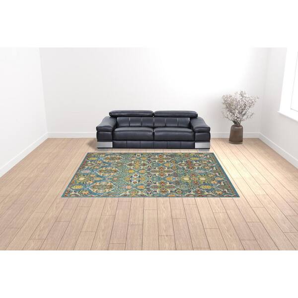 9' X 12' Teal and Gold Floral Power Loom Area Rug