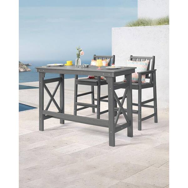 Gray 3-Piece Adirondack Chairs and Table Set Outdoor Serving Bar Set Plastic Patio Bar Set with 2 Chairs and 1 Table