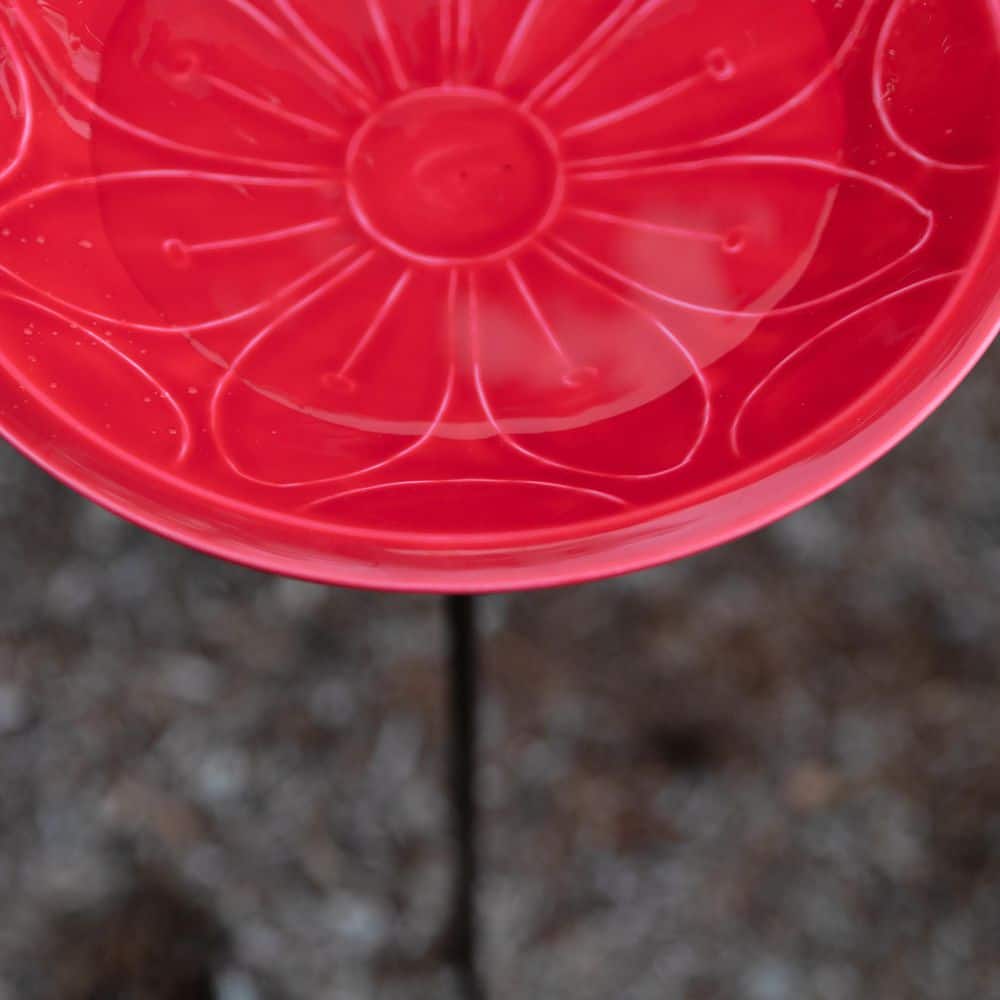 Petunia Red Glass Enamel Birdbath with Solid Brass Stake