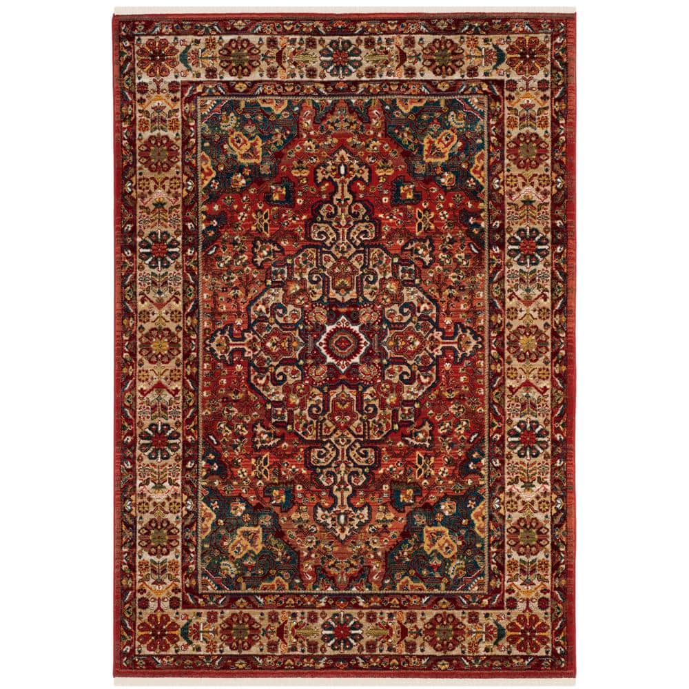 Red and Ivory Floral Synthetic Rectangular Area Rug