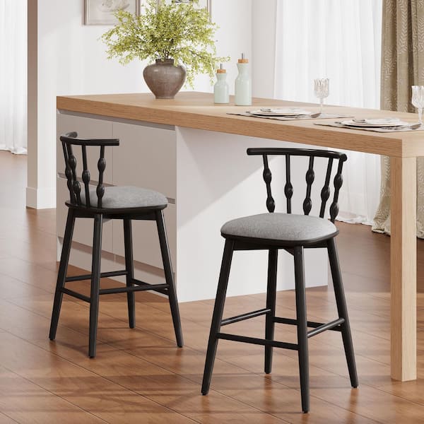 39.5 in. H Black Finish Indoor Solid Wood Bar Stools with Gray Fabric Seat (Set of 2)