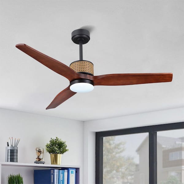 52 in. (4.3 ft.) 3 Solid Wood Blades Indoor Ceiling Fan with Integrated LED, Black and Walnut