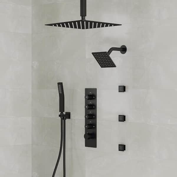 5-knobs 15-Spray Patterns 16in. Shower System with 6in. Shower Head Handheld shower in Matte Black, 3-Jets