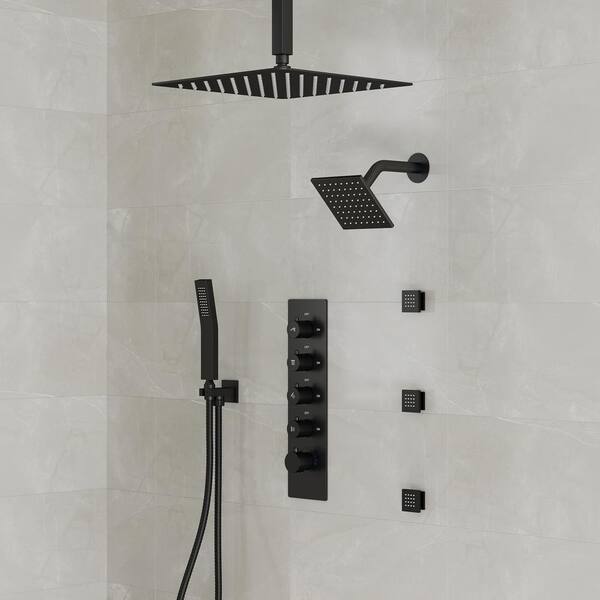 Rozin 16" LED Rainfall Shower Head Combo – Thermostatic Massage System, Matte Black