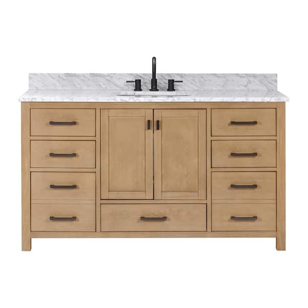 Modero 61 in. Single Sink Brushed Oak Bath Vanity with Carrara White Marble Top