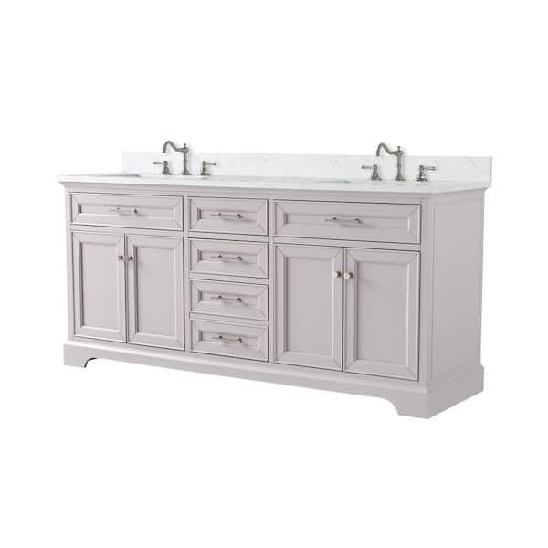 Thompson 72 in. W x 22 in. D Bath Vanity in Taupe with Engineered Stone Top in Carrara White with White Sinks