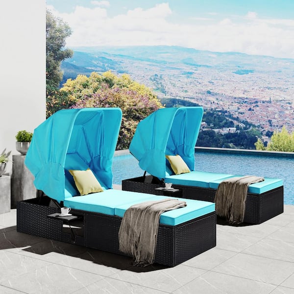 Unbranded 2-Piece Reclining Single Wicker Outdoor Chaise Lounge with Blue Cushions, Canopy and Cup Table
