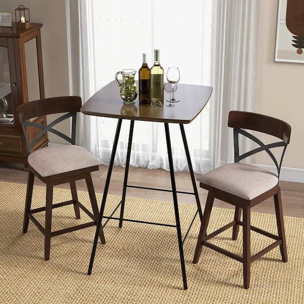 Costway 25 in. Brown Wooden Swivel Bar Stools Upholstered Counter Height Dining Chairs Set of 2