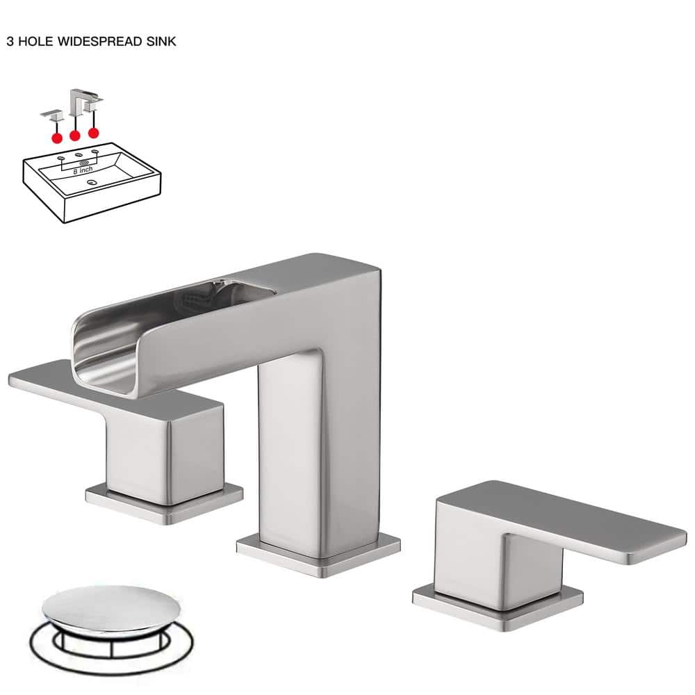 Waterfall 8 in. Widespread Double Handle Gold Bathroom Faucet Set 3 Holes Vanity Sink With Metal Drain In Brushed Nickel price history on PriceWatchPro