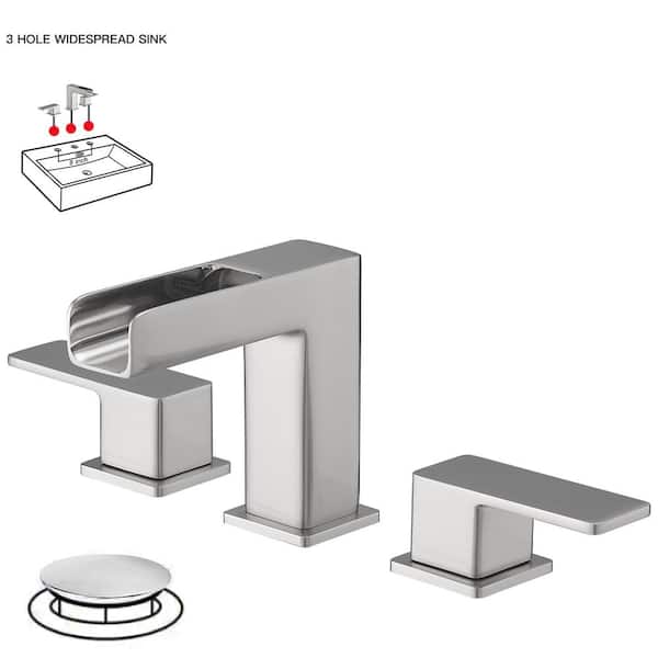 BWE Waterfall 8 in. Widespread Double Handle Gold Bathroom Faucet Set 3 Holes Vanity Sink With Metal Drain In Brushed Nickel