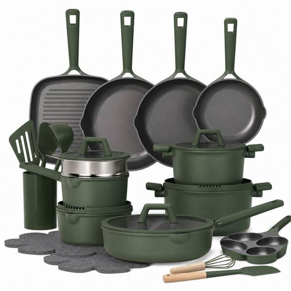 Green 31 Piece Aluminum Nonstick Cookware Set, Granite Coated Non Toxic Induction Kitchen Pots and Pans Set