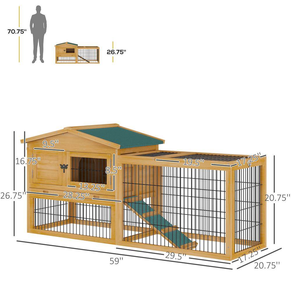 Beige Wooden Guinea Pig Hutch with Ramp and Waterproof Roof