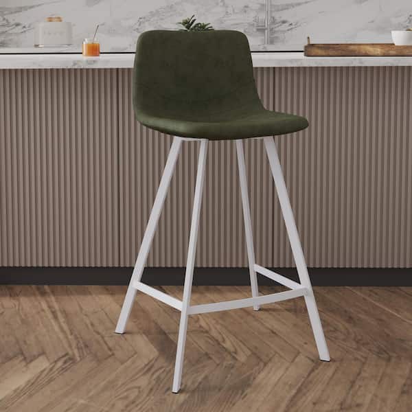 Leisuremod Elland 35 in. Leather Upholstery Counter Bar Stool in Black Stainless Steel for Indoor and Outdoor in Olive Green