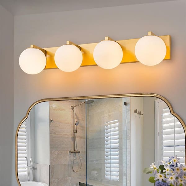 29.5 in. 4-Light Gold Vanity Light with White Glass Shade Modern Bathroom Light Fixture