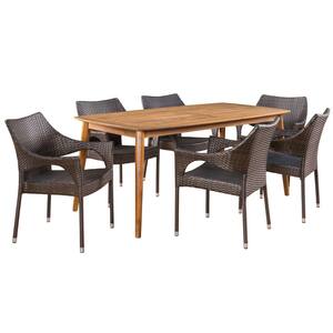 Ivan 7-Piece Wood and Faux Rattan Outdoor Dining Set with Stacking Chairs