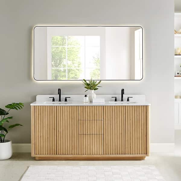 Clayton 72 in. Double Freestanding Washed Light Brown Bath Vanity with Grain White Engineered Stone Top Assembled Mirror