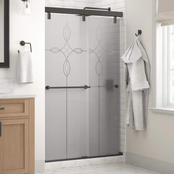 Delta Crestfield Mod 43-3/8 to 47-3/8 in. W x 71-1/2 in. H Soft-Close Frameless Sliding Shower Door, Bronze,Tranquility Glass
